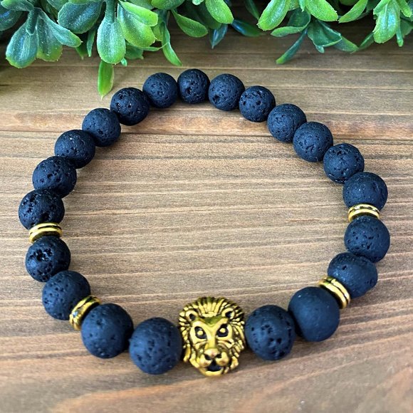 NEW Mens/Womens Gold Lion Lava Rock Bracelet - Picture 5 of 9